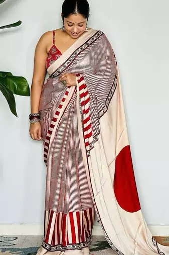 RED AND CREAM BOLLYWOOD DIGITAL PRINTED SAREE