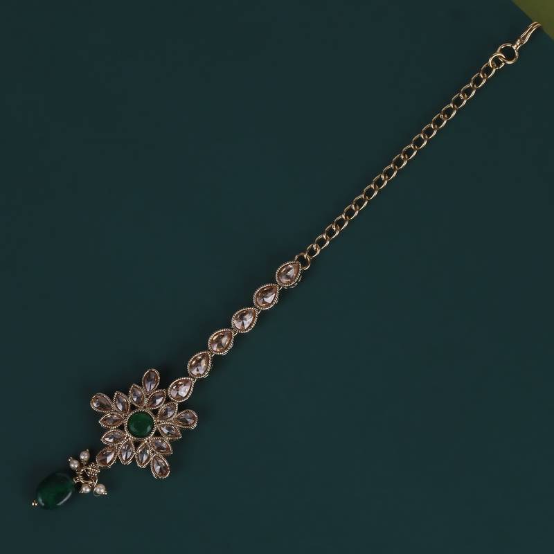Lavish flower and oval shape gold plated maang tikka for women and girls