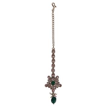 green alloy maang tikka with flower oval design 2