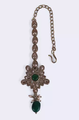 green alloy maang tikka with flower oval design