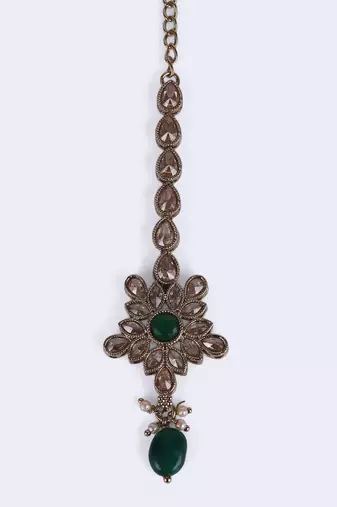 green alloy maang tikka with flower oval design