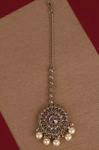Lavish round and flower design gold plated maang tikka for women and girls