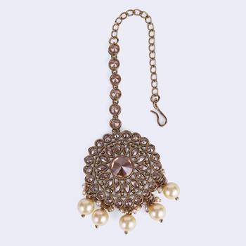 Lavish round and flower design gold plated maang tikka for women and girls 5