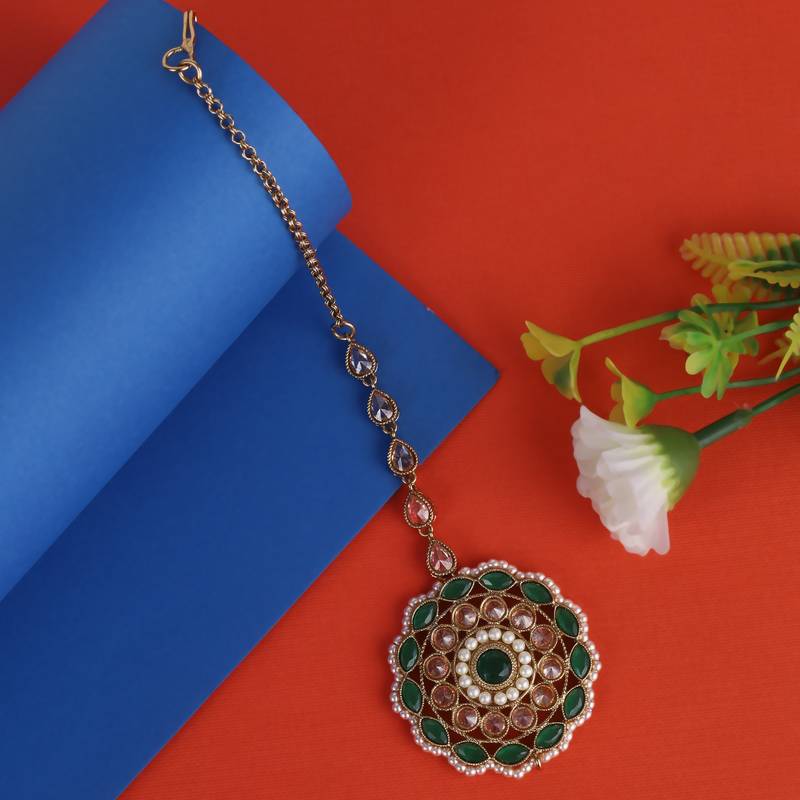 Trendy round and oval shape gold plated maang tikka for women and girls