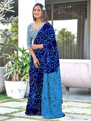 Blue printed cotton saree with blouse piece 1