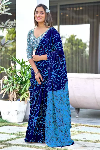 Blue printed cotton saree with blouse piece