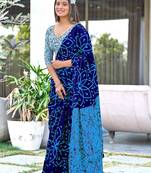 Blue printed cotton saree with blouse piece
