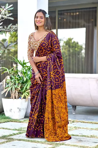 Wine printed cotton saree with blouse piece