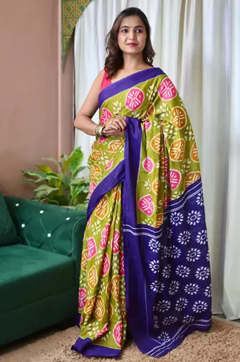 Green printed cotton saree with blouse piece