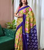 Green printed cotton saree with blouse piece