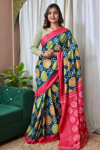 Teal printed cotton saree with blouse piece