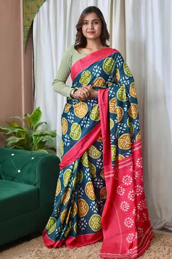 Teal printed cotton saree with blouse piece