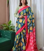 Teal printed cotton saree with blouse piece