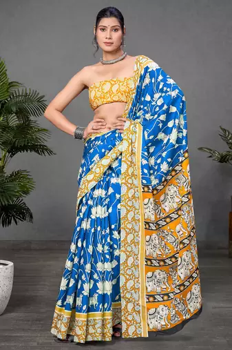 Blue printed cotton saree with blouse piece