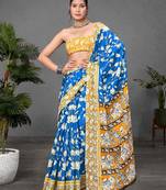 Blue printed cotton saree with blouse piece