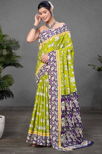 Green printed cotton saree with blouse piece