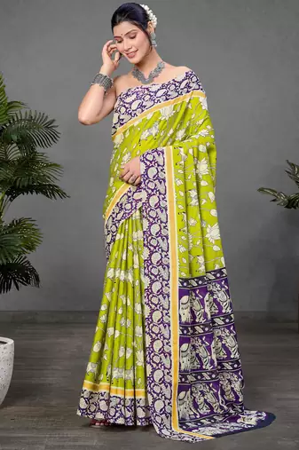 Green printed cotton saree with blouse piece