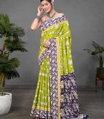 Green printed cotton saree with blouse piece