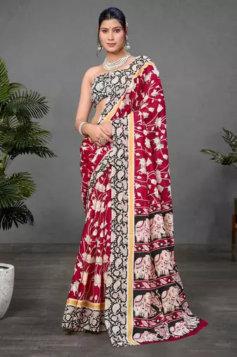 Wine printed cotton saree with blouse piece