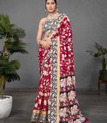 Wine printed cotton saree with blouse piece
