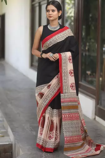 Black printed cotton saree with blouse piece