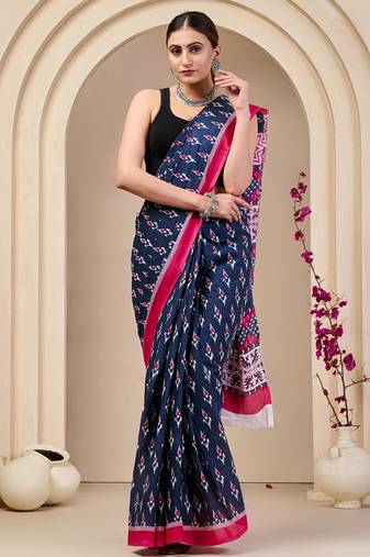 Black printed cotton saree with blouse piece