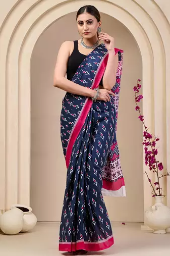 Black printed cotton saree with blouse piece