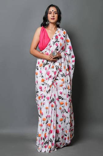 White printed cotton saree with blouse piece