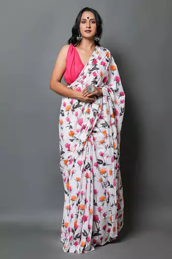 White printed cotton saree with blouse piece