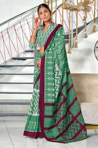 Green printed cotton saree with blouse piece