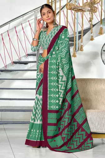 Green printed cotton saree with blouse piece