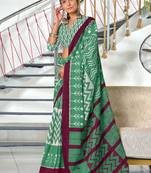 Green printed cotton saree with blouse piece