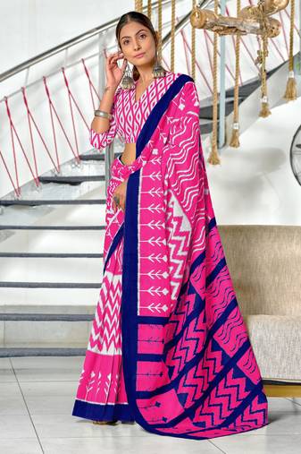 Pink printed cotton saree with blouse piece