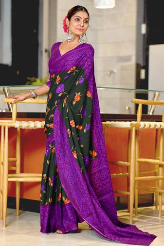 Black printed cotton saree with blouse piece