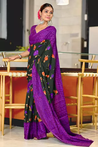 Black printed cotton saree with blouse piece