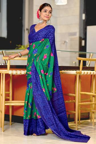 Green printed cotton saree with blouse piece