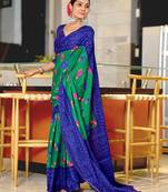 Green printed cotton saree with blouse piece