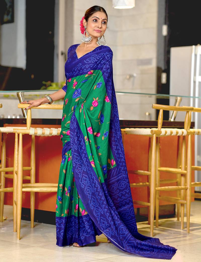 Green printed cotton saree with blouse piece