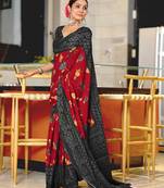 Red printed cotton saree with blouse piece
