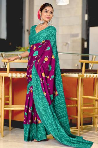 Wine printed cotton saree with blouse piece
