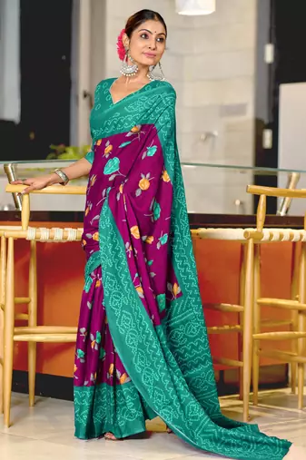 Wine printed cotton saree with blouse piece