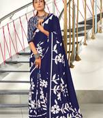 Blue printed cotton saree with blouse piece