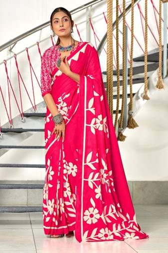 Pink printed cotton saree with blouse piece