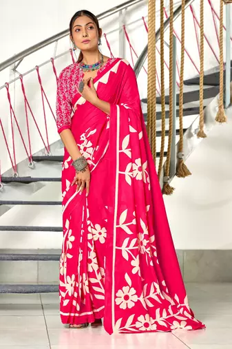 Pink printed cotton saree with blouse piece
