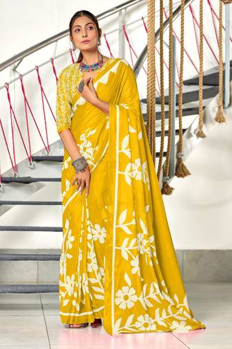Yellow printed cotton saree with blouse piece