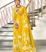 Yellow printed cotton saree with blouse piece