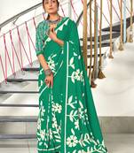 Green printed cotton saree with blouse piece