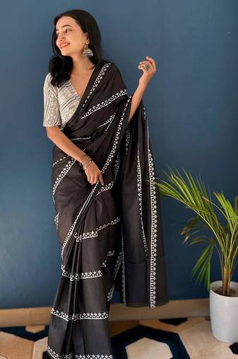 Black printed cotton saree with blouse piece