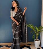 Black printed cotton saree with blouse piece