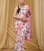 White printed cotton saree with blouse piece